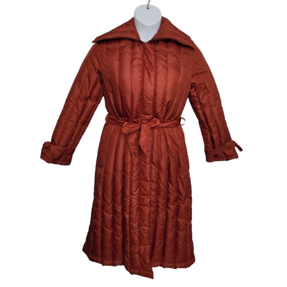 VINTAGE 70s down jacket rust orange long full zip tie waist quilted coat S‎